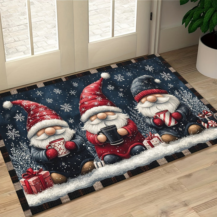 1pc Festive Christmas Gnome Doormat - Non-Slip, Washable Polyester with Rubber Backing, Machine-Made Rectangular Welcome Mat for Home Decor, Lightweight Xmas Floor Mat with Dual Edging, Ideal Christmas Gift