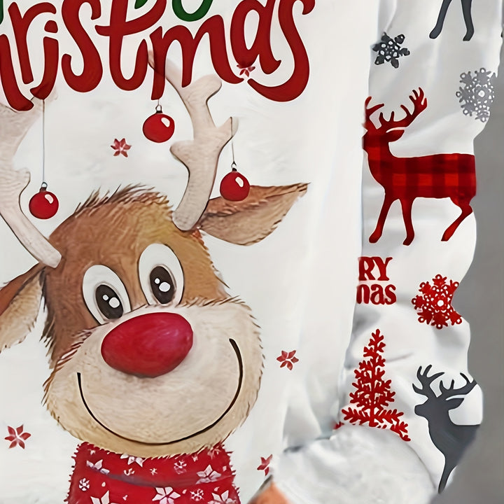 Merry Christmas Reindeer Print Casual Crew Neck Sweatshirt - 100% Polyester, Raglan Long Sleeve, Knit Fabric, Slight Stretch, Regular Fit Pullover for Spring/Fall