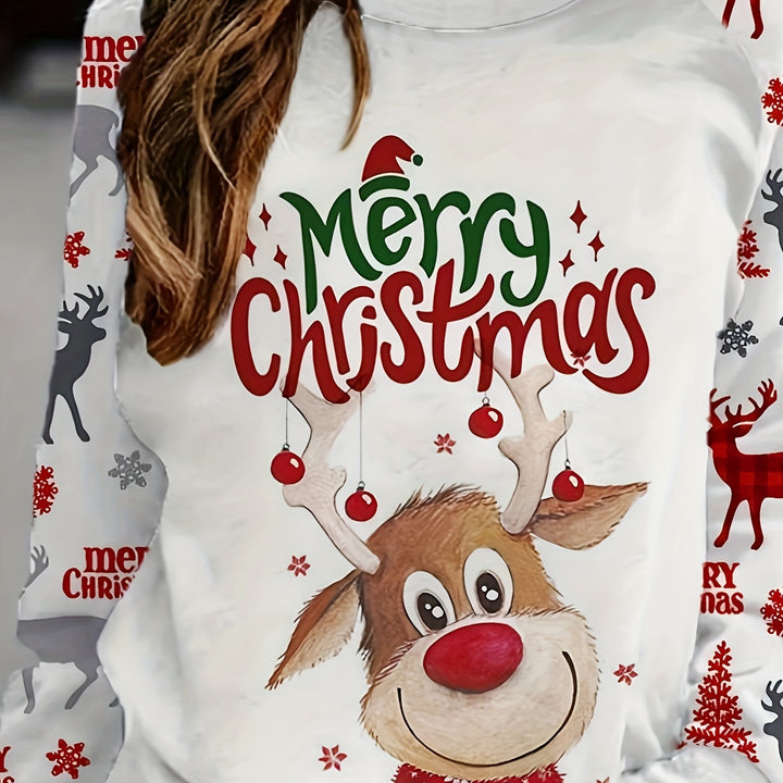 Merry Christmas Reindeer Print Casual Crew Neck Sweatshirt - 100% Polyester, Raglan Long Sleeve, Knit Fabric, Slight Stretch, Regular Fit Pullover for Spring/Fall