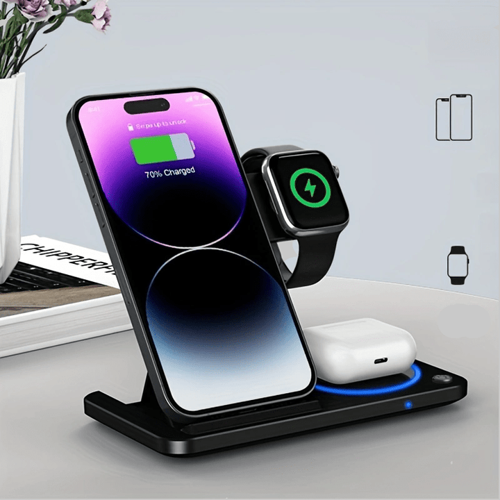 3-in-1 Foldable Wireless Charger Station, USB Magnetic Charging Stand Dock for iPhone 15/14/13/12/11 Series, iWatch Ultra2/Ultra/9/8/7/6 Series, and Earbuds 3/2/Pro Series - Fast Wireless Charging Hub