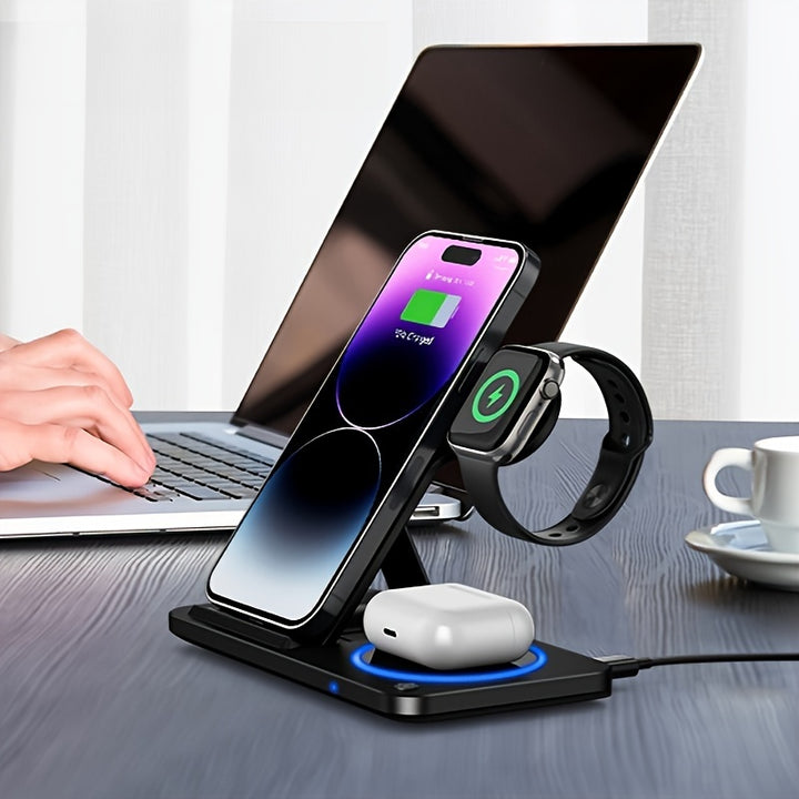 3-in-1 Foldable Wireless Charger Station, USB Magnetic Charging Stand Dock for iPhone 15/14/13/12/11 Series, iWatch Ultra2/Ultra/9/8/7/6 Series, and Earbuds 3/2/Pro Series - Fast Wireless Charging Hub