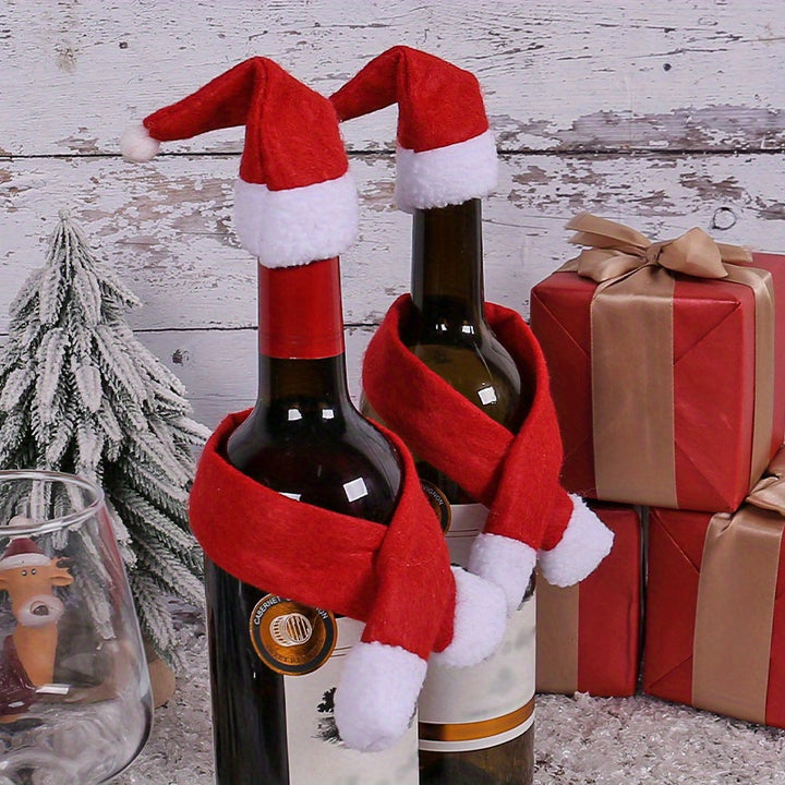 2pcs/set Christmas Creative Home Supplies Non-woven Scarf + Hat Wine Bottle Decoration Christmas Wine Bottle Decoration