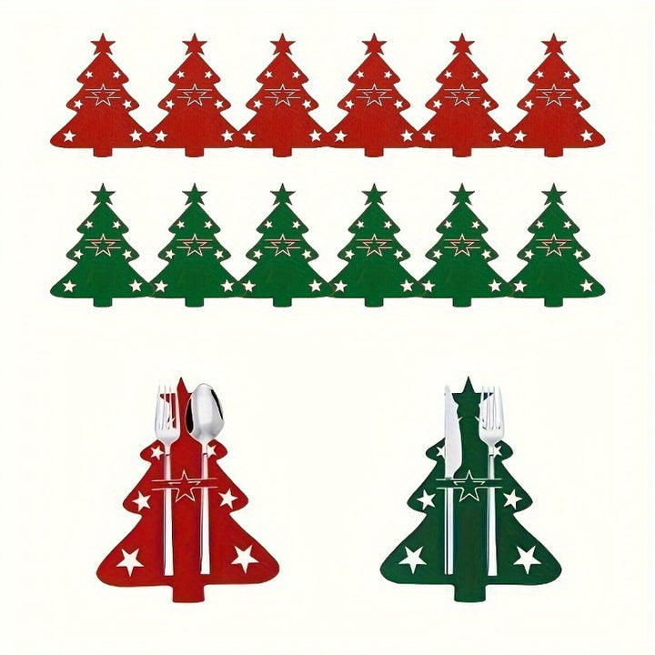 Christmas Tree Cutlery Holders Set of 12 - Holiday Felt Utensil Pockets, Table Setting Decor for Festive Occasions, Ideal for Christmas & Easter Gatherings, Paper Material, Suitable for Ages 14+