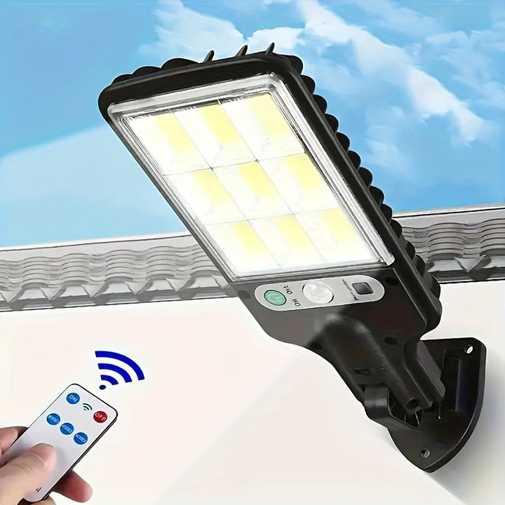 8000W Solar-Powered Outdoor Street Light with Clear LED Reflector, Remote Control & Adjustable Motion Sensor - Includes Installation Hardware