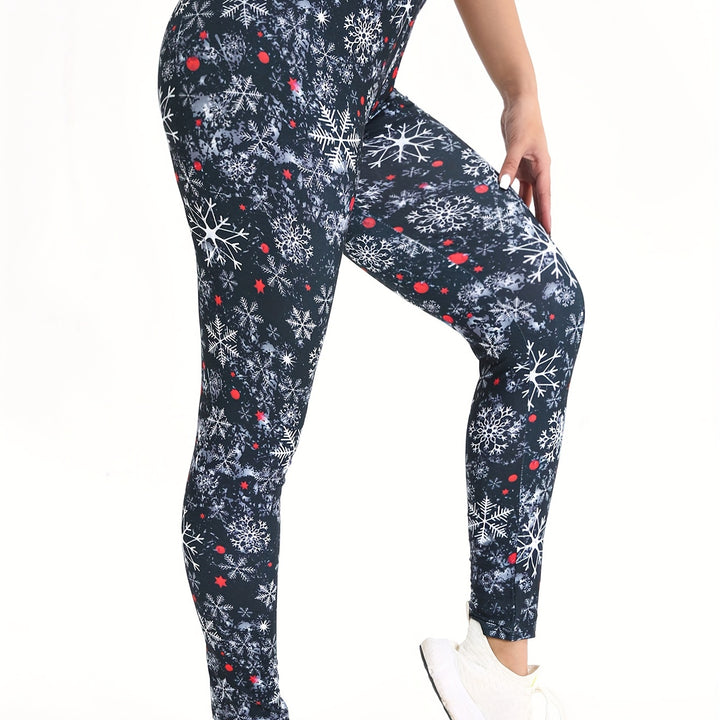 Winter Snowflake Print High-Waist Leggings for Women - 95% Polyester, 5% Spandex, Four-Way Stretch, Cropped Athletic Tights, Elegant Style, Knit Fabric, Seasonal Christmas Pattern, Sports & Fitness Gym Wear