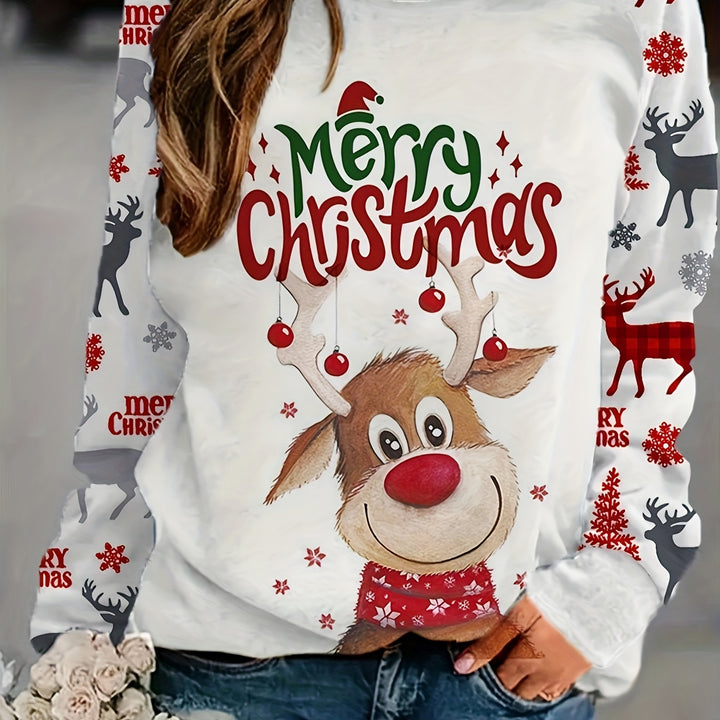 Merry Christmas Reindeer Print Casual Crew Neck Sweatshirt - 100% Polyester, Raglan Long Sleeve, Knit Fabric, Slight Stretch, Regular Fit Pullover for Spring/Fall