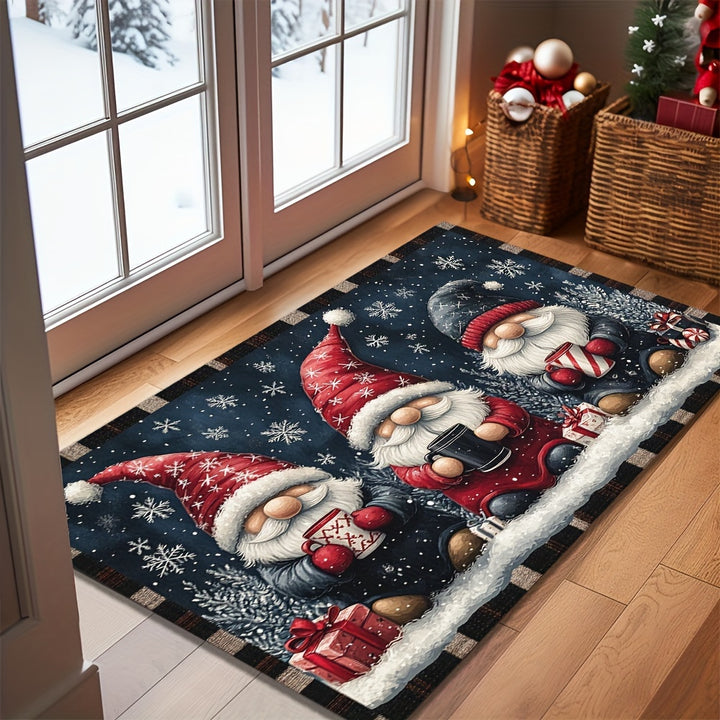 1pc Festive Christmas Gnome Doormat - Non-Slip, Washable Polyester with Rubber Backing, Machine-Made Rectangular Welcome Mat for Home Decor, Lightweight Xmas Floor Mat with Dual Edging, Ideal Christmas Gift