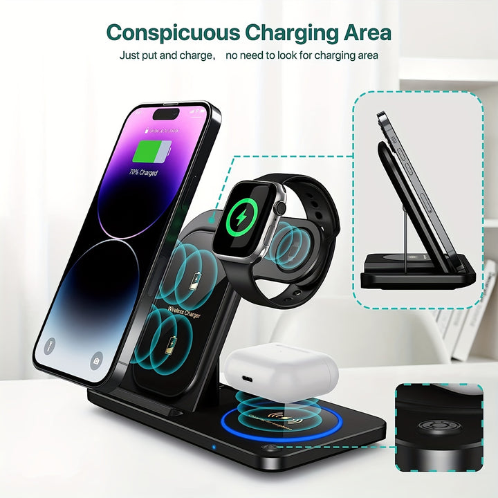 3-in-1 Foldable Wireless Charger Station, USB Magnetic Charging Stand Dock for iPhone 15/14/13/12/11 Series, iWatch Ultra2/Ultra/9/8/7/6 Series, and Earbuds 3/2/Pro Series - Fast Wireless Charging Hub