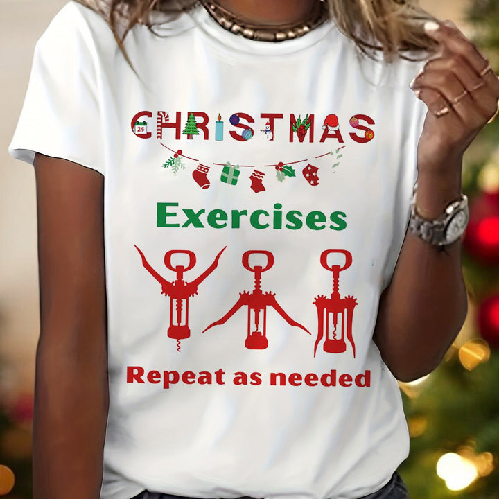 Women's Festive Christmas Letter Print T-Shirt - Casual Crew Neck, Short Sleeve Top for Summer & Spring, Stretchy Polyester Blend