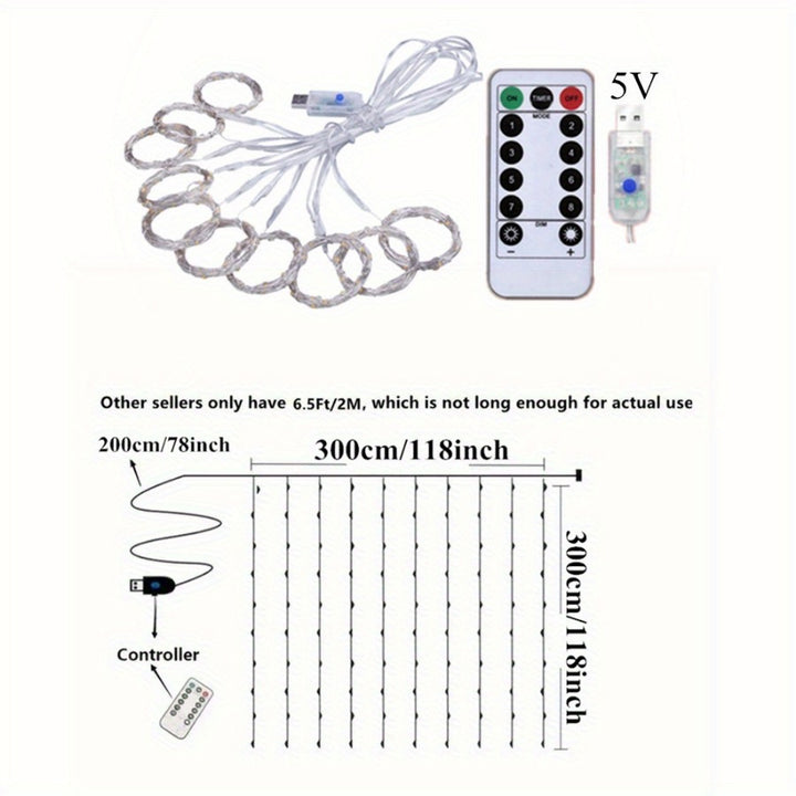 1 Pack 300LED String Fairy Lights with Remote, USB-Powered Decorative Hanging Lights, 8 Lighting Modes for Home Celebrations, Bedroom Decor, Christmas, Halloween, Thanksgiving, Valentine's, Wedding, Party - Metal, No Feathers