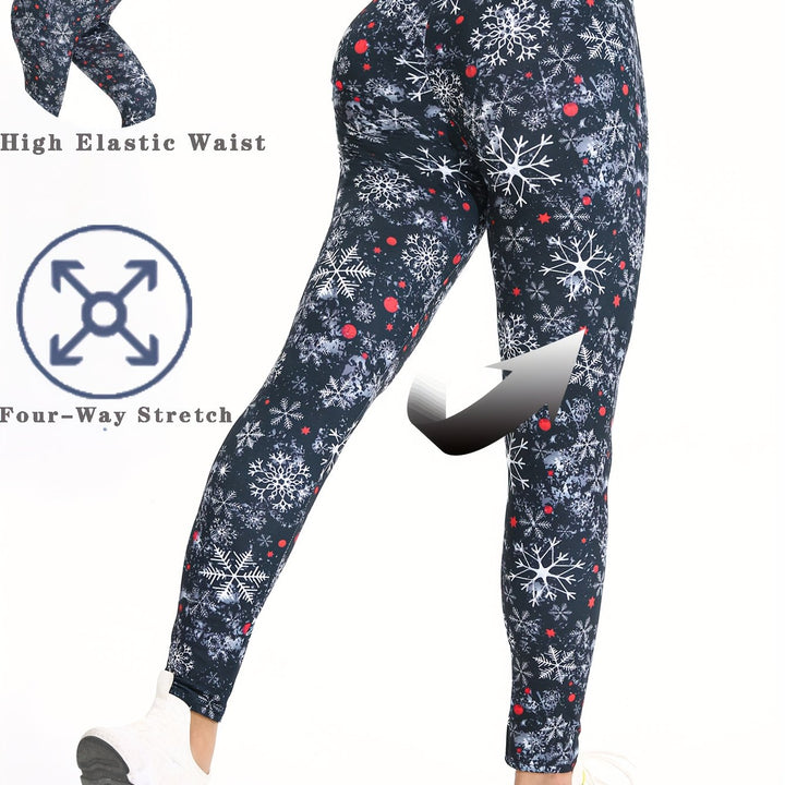 Winter Snowflake Print High-Waist Leggings for Women - 95% Polyester, 5% Spandex, Four-Way Stretch, Cropped Athletic Tights, Elegant Style, Knit Fabric, Seasonal Christmas Pattern, Sports & Fitness Gym Wear