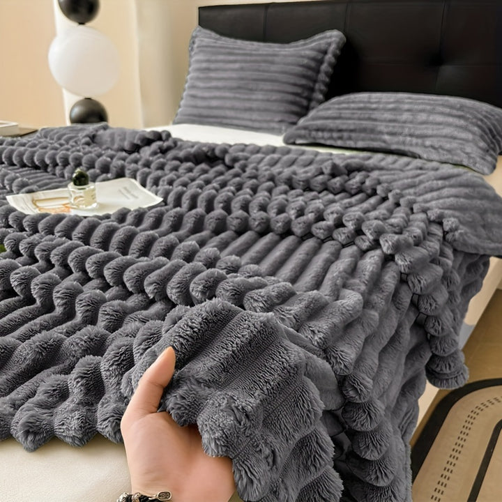 Cozy Ribbed Knit Throw Blanket with Pillowcase - Soft, Warm & Thick for Bedroom Comfort - Grey Stripe Design