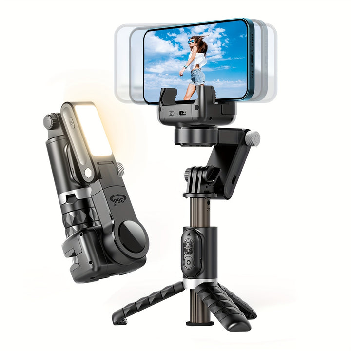 SelfieShow Gimbal Stabilizer Tripod with LED Light, USB Charging, ABS Material, 360° Rotating Desktop Mount, Adjustable Smartphone Holder for Live Streaming, Photography, Travel - Compatible with Apple and Samsung Devices