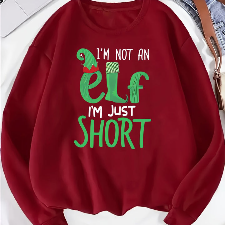 1pc Festive Christmas Elf Graphic Pullover Sweatshirt for Women, Casual Crew Neck Polyester Knit with Slight Stretch, All-Season Comfort - "I'm Not an Elf I'm Just Short" Print