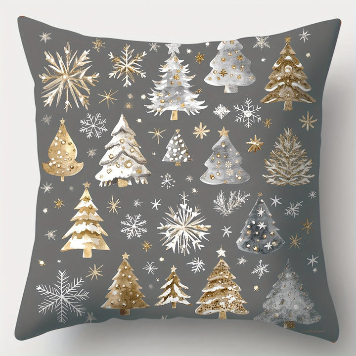 Contemporary 4-Pack Christmas Throw Pillow Covers 44.96cm - Polyester, Zippered, Machine Washable, Festive Golden & Gray Print for Living Room Decor - Snowman, Trees, Winter Designs, Woven Pillowcases (No Pillow Core)