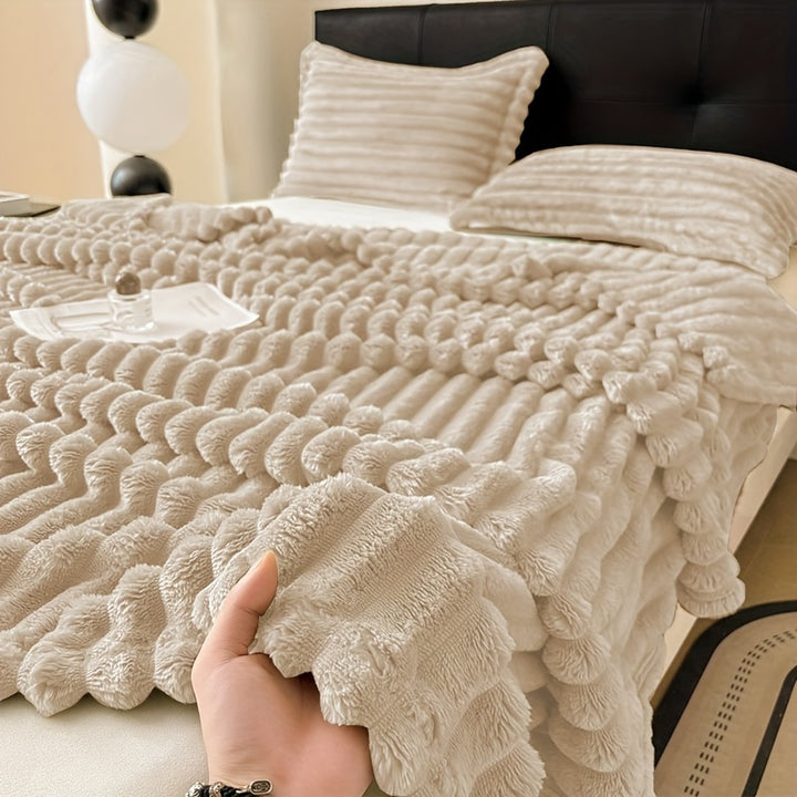 Cozy Ribbed Knit Throw Blanket with Pillowcase - Soft, Warm & Thick for Bedroom Comfort - Grey Stripe Design