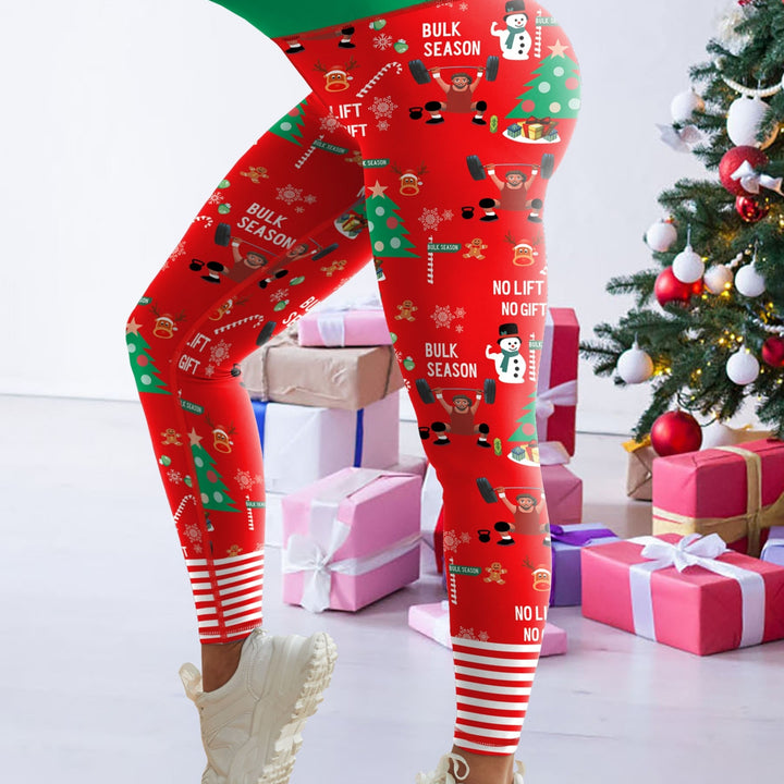 1pc Festive Holiday High-Waisted Christmas Leggings for Women, Stretchy Sports Tights with Santa and Snowflake Pattern, Polyester and Spandex Knit Fabric, Non-Waterproof, All-Season Workout Pants with Waistband