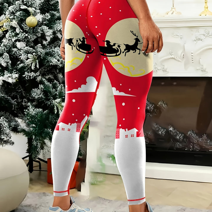 1pc Festive Holiday High-Waisted Christmas Leggings for Women, Stretchy Sports Tights with Santa and Snowflake Pattern, Polyester and Spandex Knit Fabric, Non-Waterproof, All-Season Workout Pants with Waistband