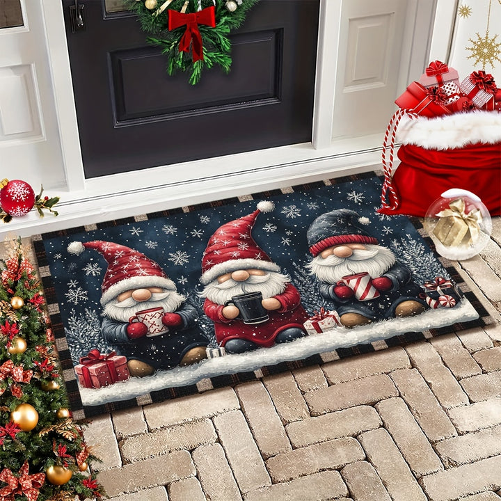 1pc Festive Christmas Gnome Doormat - Non-Slip, Washable Polyester with Rubber Backing, Machine-Made Rectangular Welcome Mat for Home Decor, Lightweight Xmas Floor Mat with Dual Edging, Ideal Christmas Gift