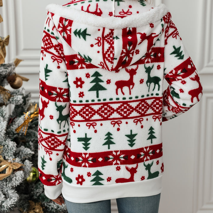 Cozy Christmas-Themed Hooded Jacket for Women - Festive Print, Drawstring, Long Sleeve, Polyester Blend, Machine Washable - Perfect Holiday Gift Idea