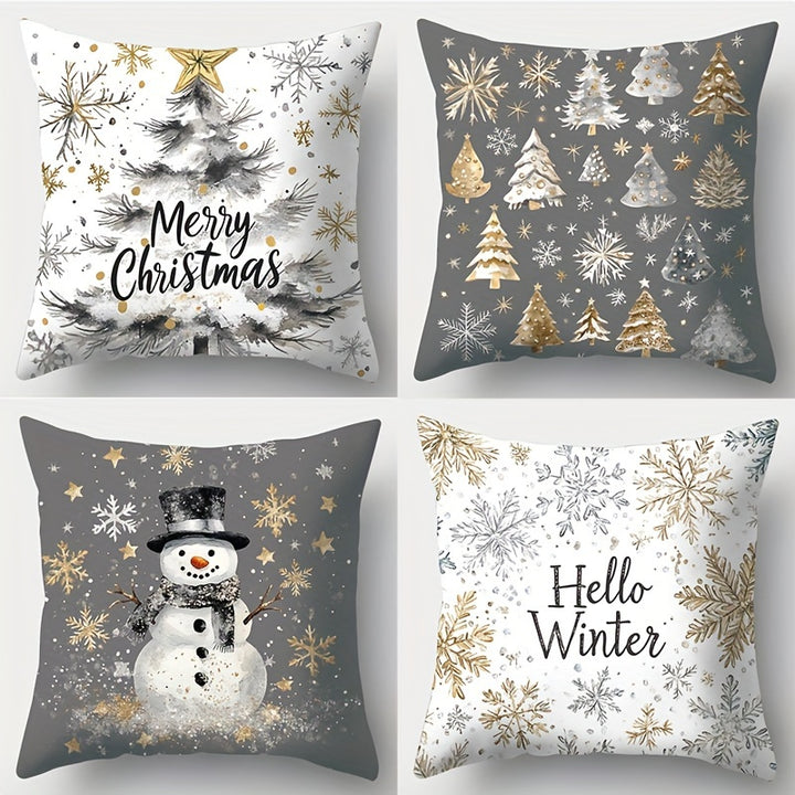 Contemporary 4-Pack Christmas Throw Pillow Covers 44.96cm - Polyester, Zippered, Machine Washable, Festive Golden & Gray Print for Living Room Decor - Snowman, Trees, Winter Designs, Woven Pillowcases (No Pillow Core)