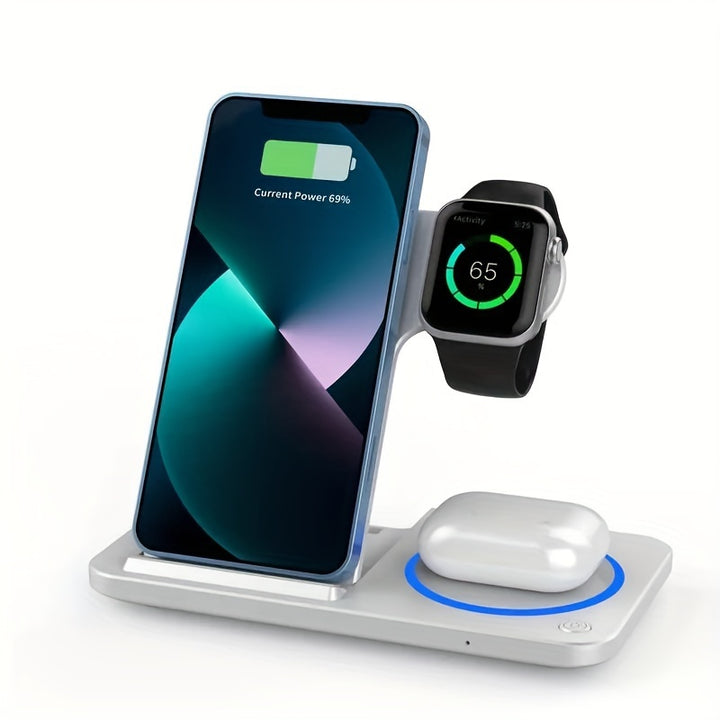 3-in-1 Foldable Wireless Charger Station, USB Magnetic Charging Stand Dock for iPhone 15/14/13/12/11 Series, iWatch Ultra2/Ultra/9/8/7/6 Series, and Earbuds 3/2/Pro Series - Fast Wireless Charging Hub