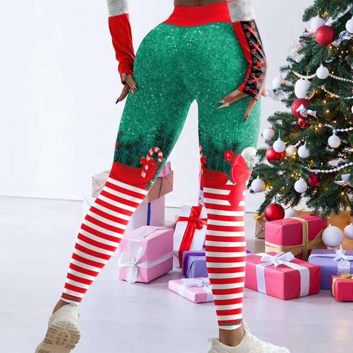 1pc Festive Holiday High-Waisted Christmas Leggings for Women, Stretchy Sports Tights with Santa and Snowflake Pattern, Polyester and Spandex Knit Fabric, Non-Waterproof, All-Season Workout Pants with Waistband