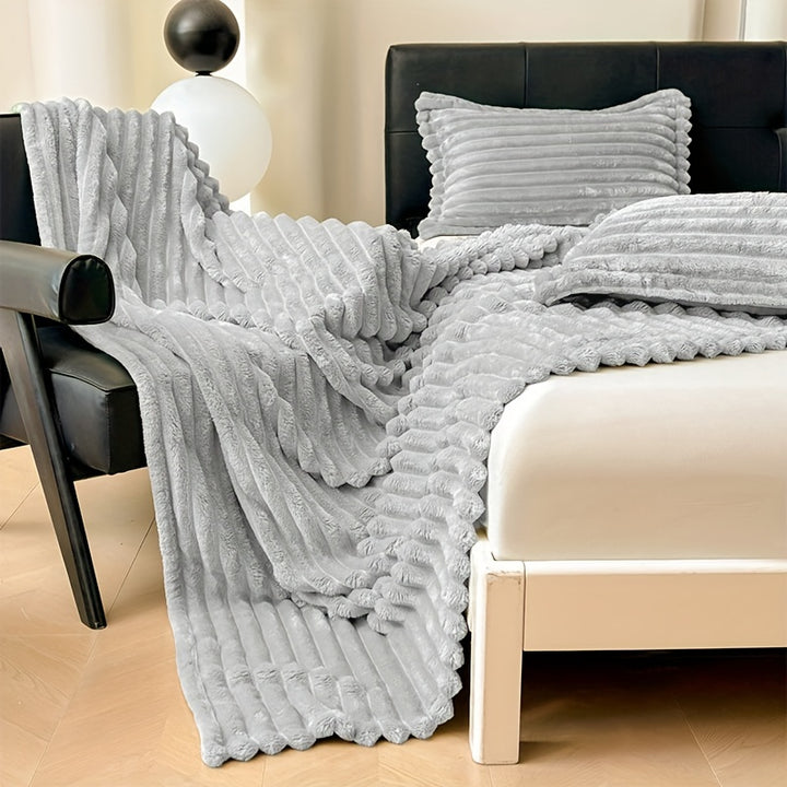 Cozy Ribbed Knit Throw Blanket with Pillowcase - Soft, Warm & Thick for Bedroom Comfort - Grey Stripe Design