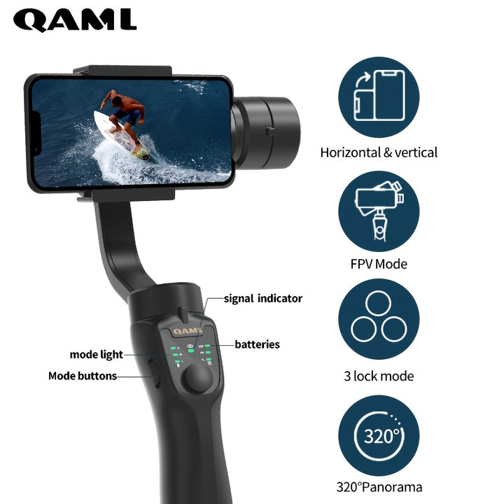 QAML F8 Handheld Gimbal - 3-Axis Stabilizer for iPhone & for Xiaomi, USB Rechargeable, Anti-Shake Video Recorder