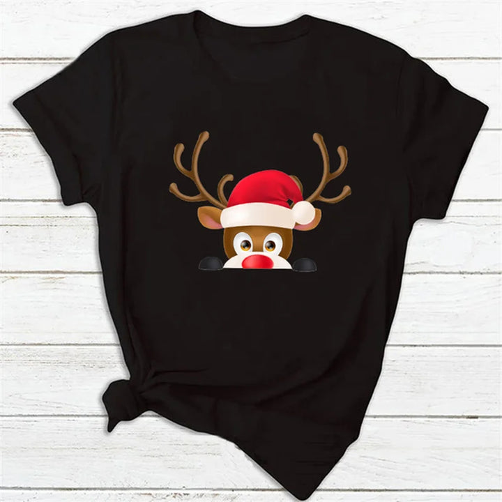 Maycaur Fashion Women's Tops Tee Women Merry Christmas Holiday Tshirts Funny Cartoon Santa Reindeer Printed Black T-shirt Female