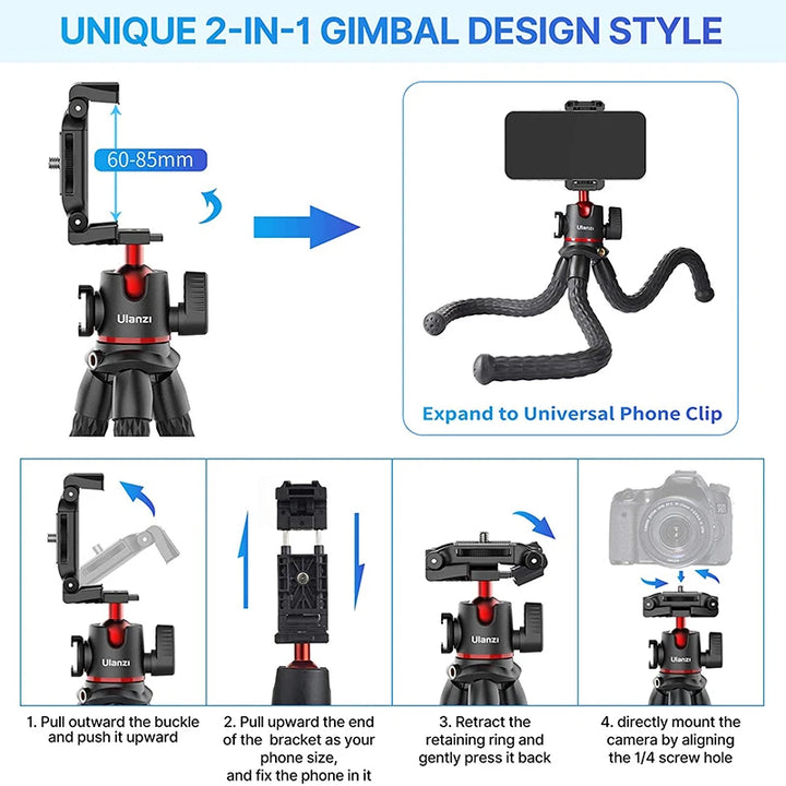 VIJIM Ulanzi MT-33 Flexible Octopus Tripod for Phone Camera DSLR 2in1 Design Tripod With Phone Holder Side Cold Shoe 1/4'' Screw