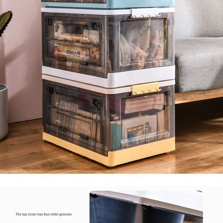 Transparent storage box for household use, clothes, toys, packing box, multi-function folding box with roller skating