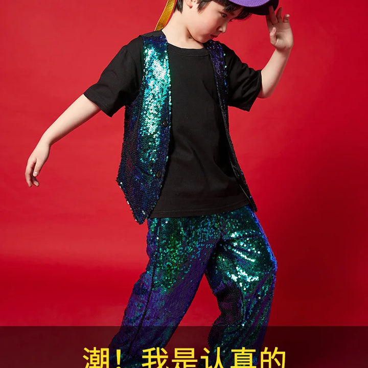 Girl Sequin Crop Tank Top Hip Hop Boys Green Vest Jacket Kids Jazz Shiny Pants Clothes Sets Child Street Dance Stage Costumes