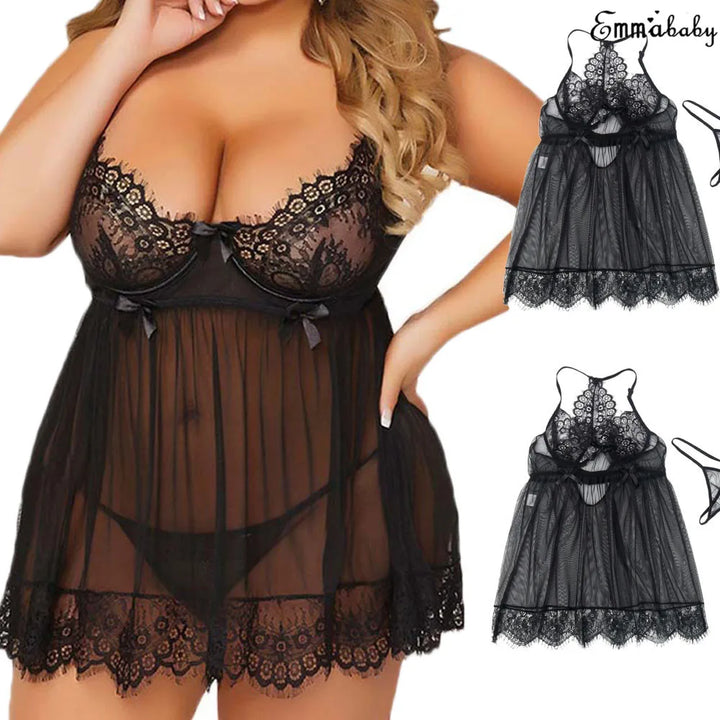 Plus Size M-3XL Sexy Lingerie Lace Black Mesh Sexy Underwear Women G-string Dress Underwear Babydoll Hot Erotic