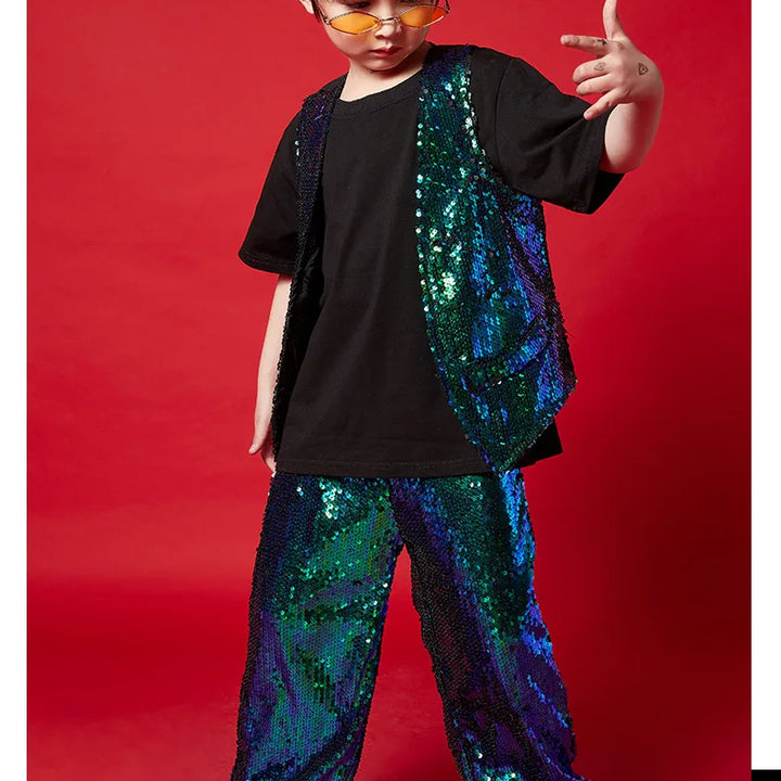 Girl Sequin Crop Tank Top Hip Hop Boys Green Vest Jacket Kids Jazz Shiny Pants Clothes Sets Child Street Dance Stage Costumes