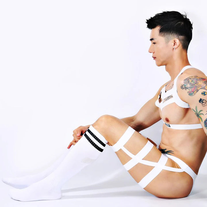 Sexy Mens Jockstrap Thigh Suspender Briefs With Bandage Belt Male Erotic Fetish Costume Strap Lingerie Body Harness Stockings