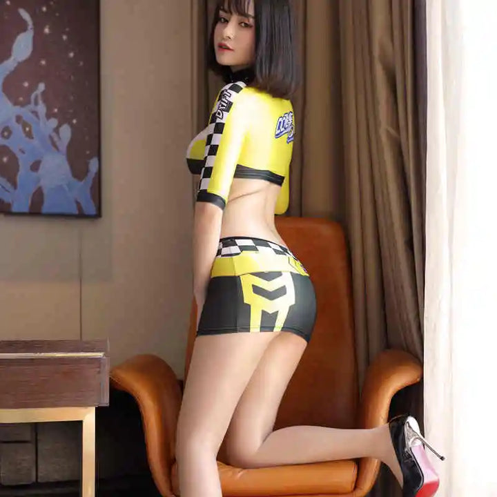 Sexy Lingerie Passionate Anime Speed Racing Uniform Five-Point Sleeves Stand-Up Collar Zipper Contrast Stitching Skirt COS Suit