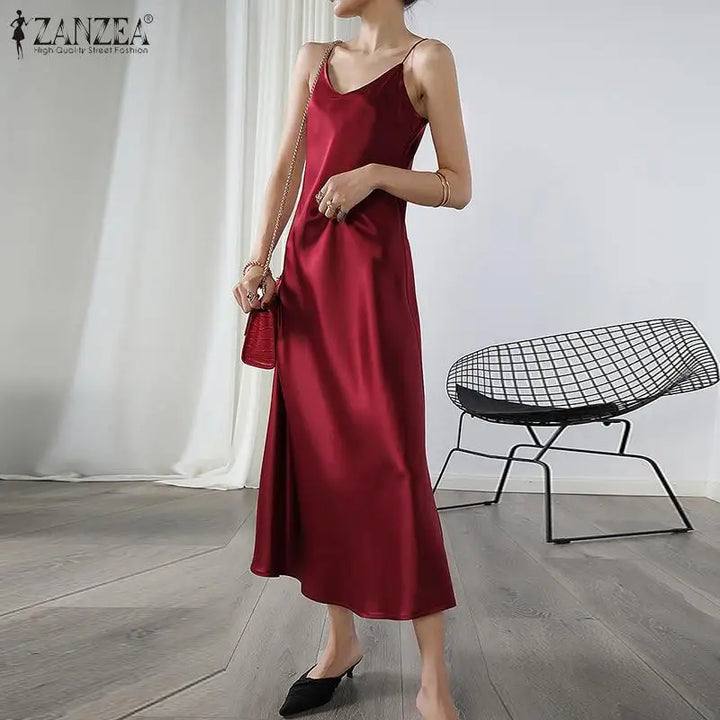 ZANZEA 2023 Stylish Party Dress Womens Summer Sundress Spaghetti Strap Split Maxi Vestidos Female V Neck Robe Oversize Dresses