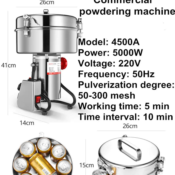 4500G Commercial Grain Grinder High Speed 4500W Cereals Medicinal Materials Spices Powder Crusher Stainless Steel Coffee Grinder