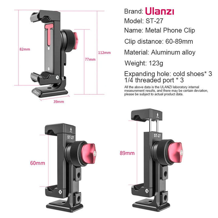 Ulanzi ST-27 Metal Phone Holder Clamp With Cold Shoe Arca 360°Rotatable tripod Mount Clip for TikTok Vlog Photography