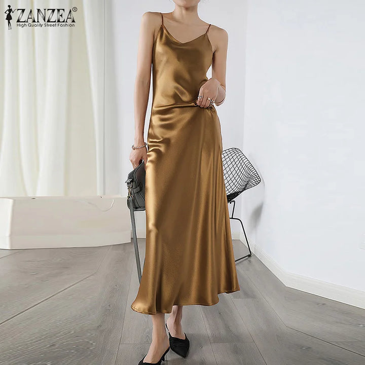 ZANZEA 2023 Stylish Party Dress Womens Summer Sundress Spaghetti Strap Split Maxi Vestidos Female V Neck Robe Oversize Dresses