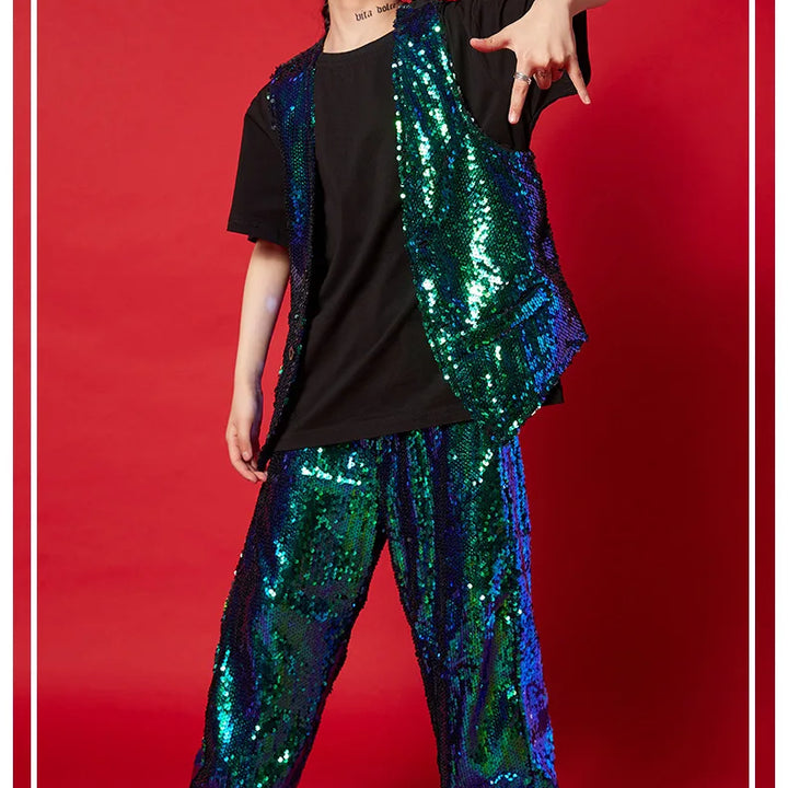 Girl Sequin Crop Tank Top Hip Hop Boys Green Vest Jacket Kids Jazz Shiny Pants Clothes Sets Child Street Dance Stage Costumes