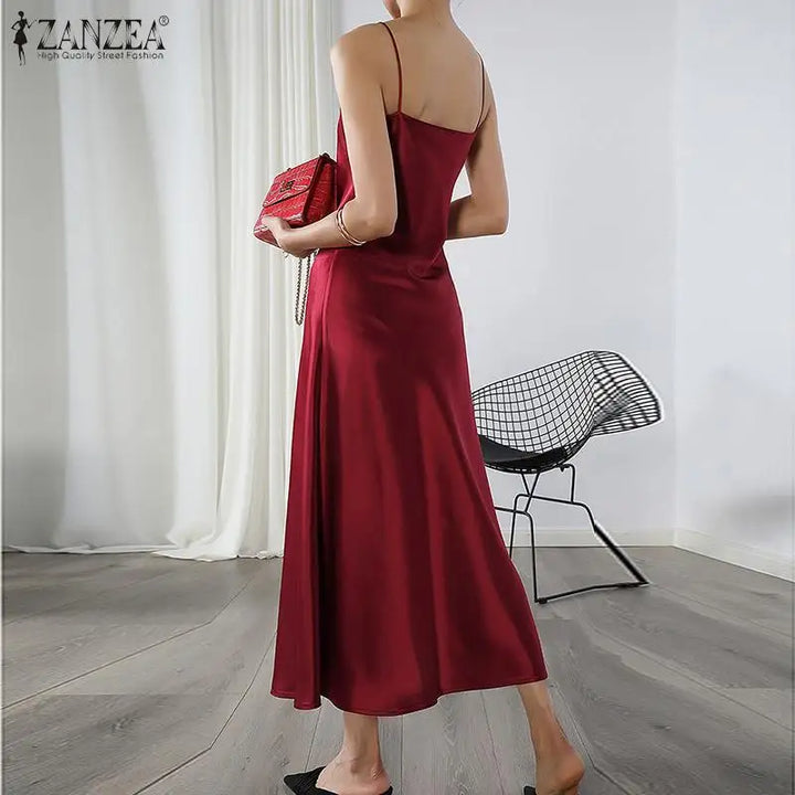 ZANZEA 2023 Stylish Party Dress Womens Summer Sundress Spaghetti Strap Split Maxi Vestidos Female V Neck Robe Oversize Dresses