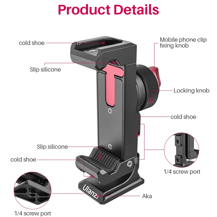 Ulanzi ST-27 Metal Phone Holder Clamp With Cold Shoe Arca 360°Rotatable tripod Mount Clip for TikTok Vlog Photography