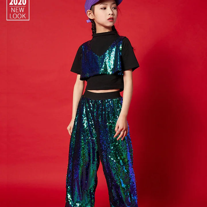 Girl Sequin Crop Tank Top Hip Hop Boys Green Vest Jacket Kids Jazz Shiny Pants Clothes Sets Child Street Dance Stage Costumes