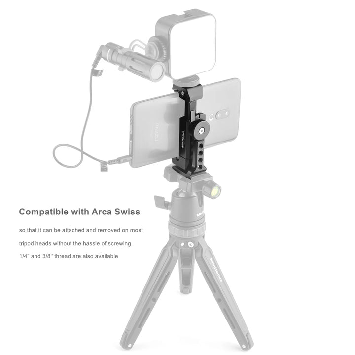 Metal Phone Tripod Mount with Cold Shoe 360 Rotation Smartphone Clip Holder Adapter Cell Phone Clamp Vlog Video Rig for Arca QR