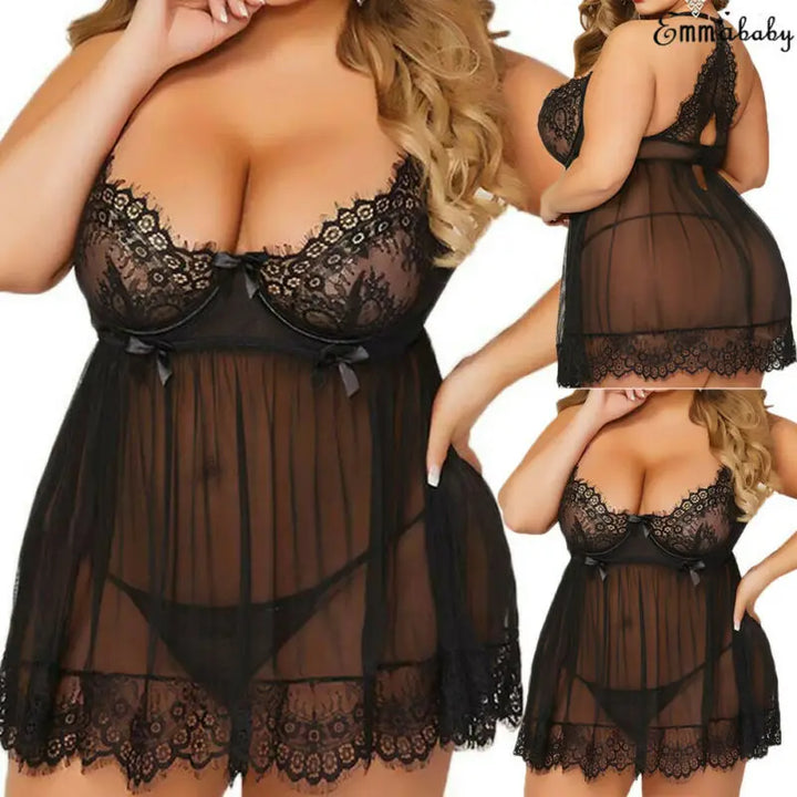 Plus Size M-3XL Sexy Lingerie Lace Black Mesh Sexy Underwear Women G-string Dress Underwear Babydoll Hot Erotic