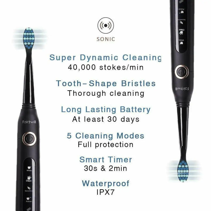 Fairywill Sonic Electric Toothbrush Ultra Sonic Fast USB Charger Waterproof IPX7 5-Mode Fairywill FW-507 with 3 Brush Head Gift