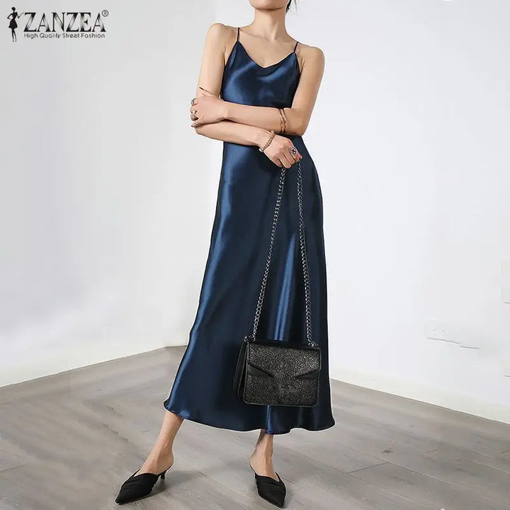 ZANZEA 2023 Stylish Party Dress Womens Summer Sundress Spaghetti Strap Split Maxi Vestidos Female V Neck Robe Oversize Dresses