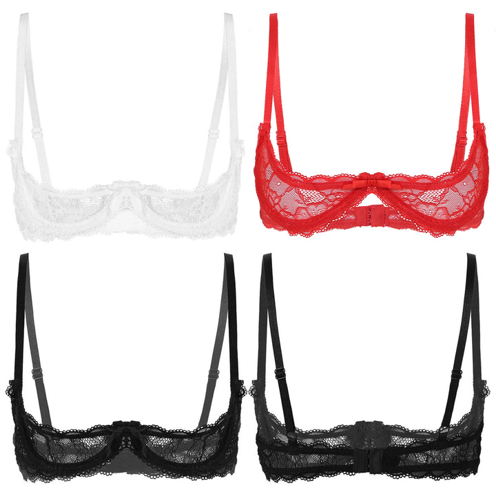 Women's Sheer Lace Lingerie Sexy Half Cup Bare Exposed Breast Underwire Push Up Bra Tops Adjustable Straps Unlined Brassiere